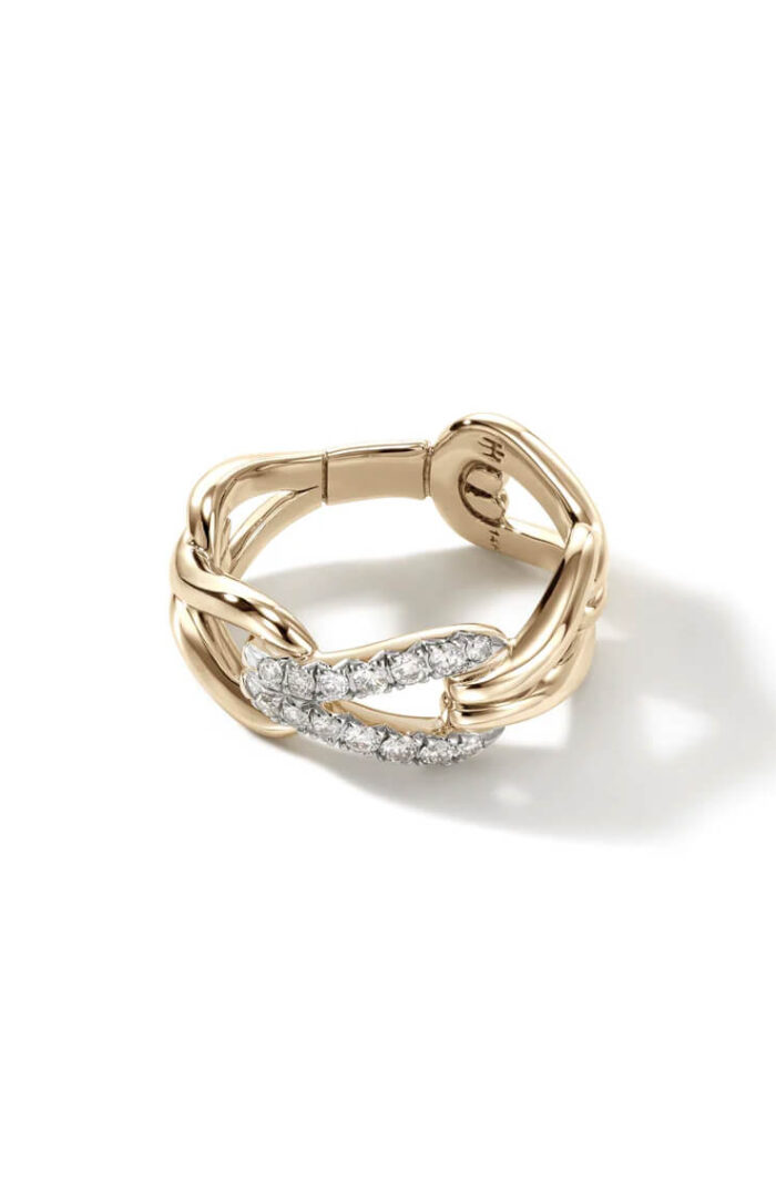 Surf Link Ring, Gold, Diamonds, Wide